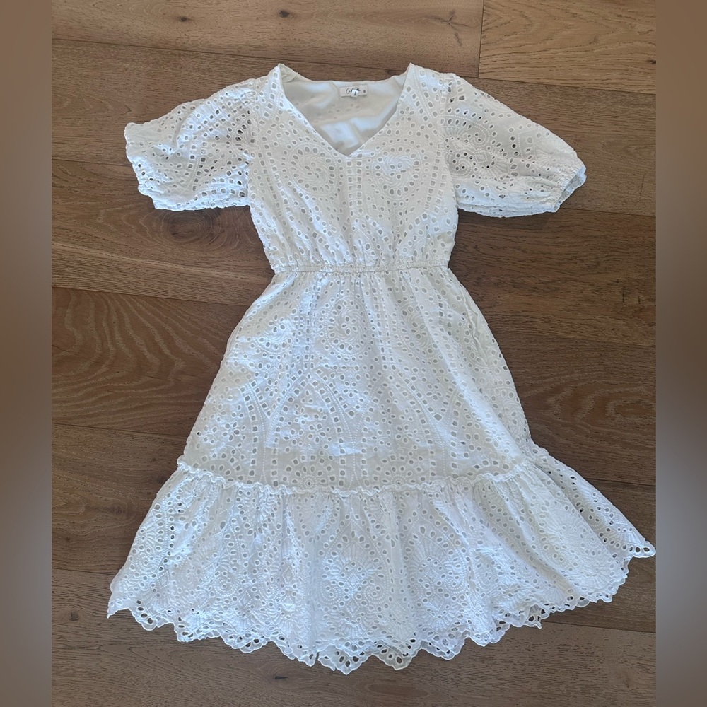 White knee length Eyelet Lace Dress
